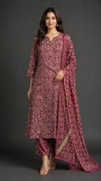 WINE COLOR FLOWER PRINT COTTON KURTA SET