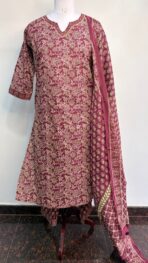 WINE COLOR FLOWER PRINT COTTON KURTA SET - Image 2