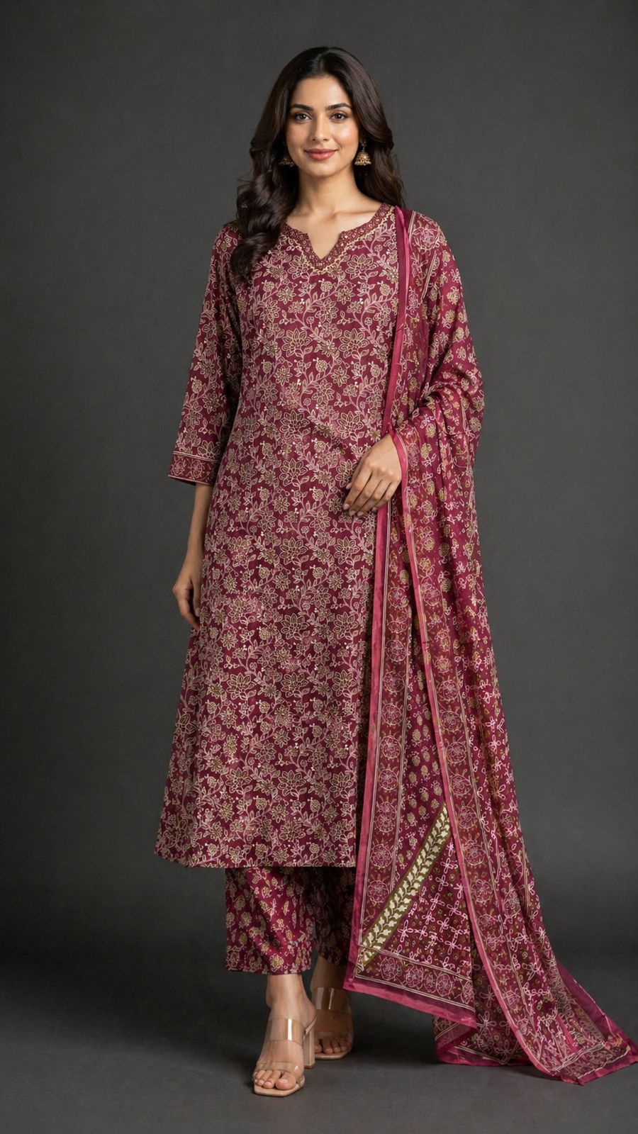 WhatsApp Image 2026-05-05 at 9.16.33 PM WINE COLOR FLOWER PRINT COTTON KURTA SET - Image 1