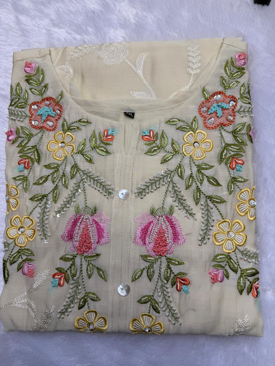 WhatsApp Image 2026-05-06 at 7.41.59 AM (1) Floral Embroidered Mul Chanderi Kurti Set. - Image 1