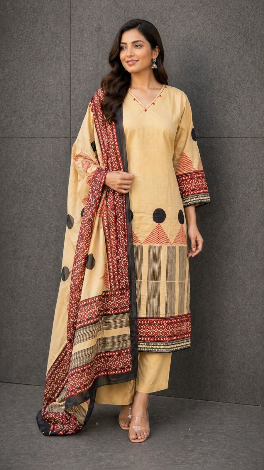 WhatsApp Image 2026-05-06 at 8.40.02 AM ELEGANT BEIGE ETHNIC SET WITH BOLD RED-BLACK PRINT KURTA SET - Image 1
