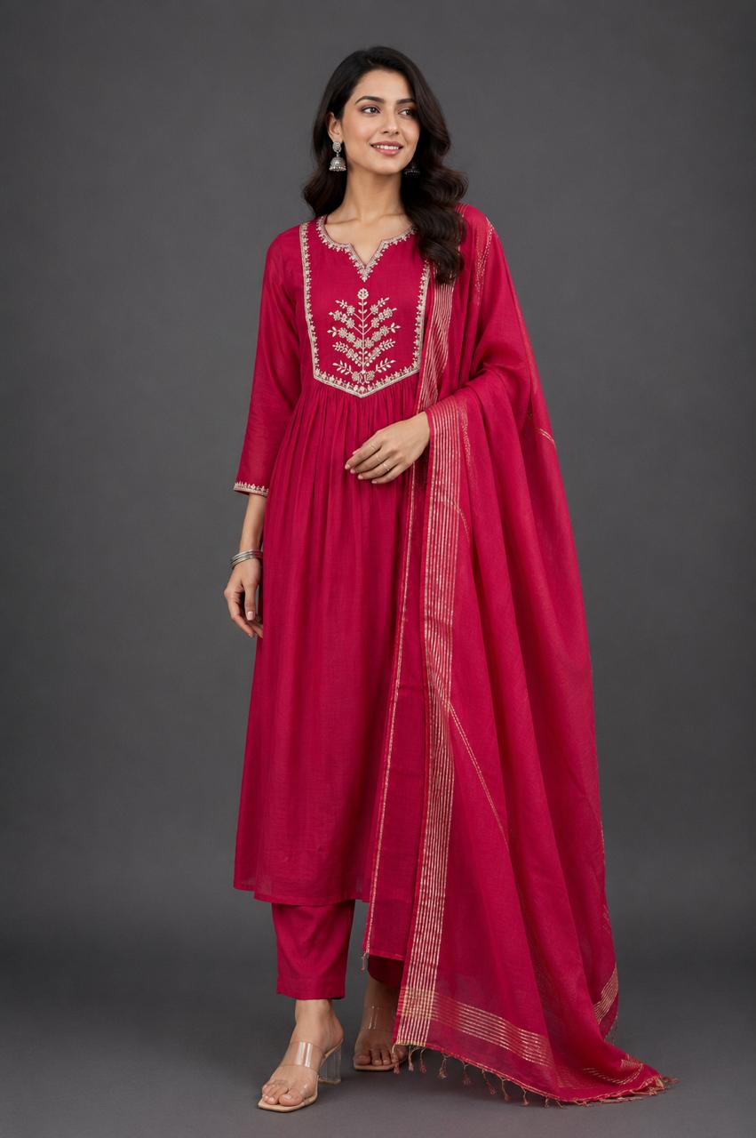 Green Thread Embroidery A-Line Kurta Set